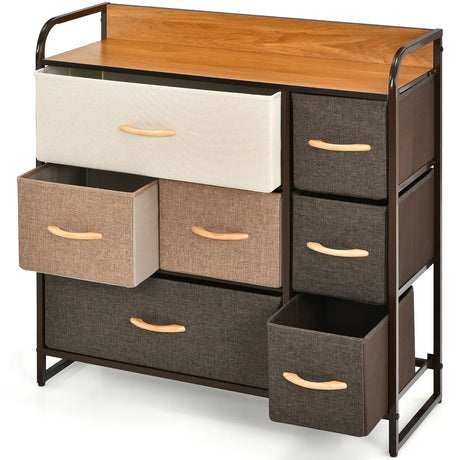 7 Drawer Tower Steel Frame and Wooden Top Dresser Storage Chest for Bedroom