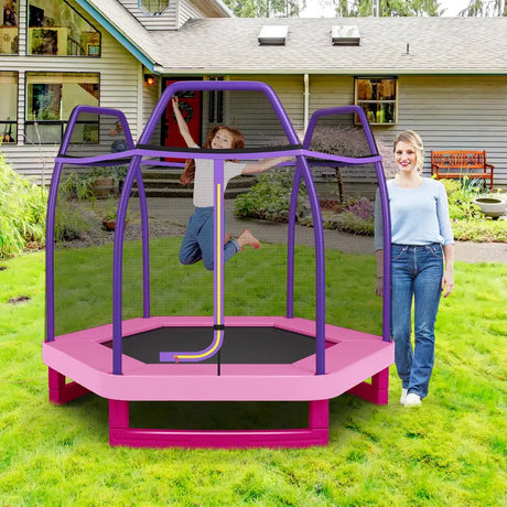 Kids Trampoline with Safety Enclosure Net for Outdoor Play-Pink