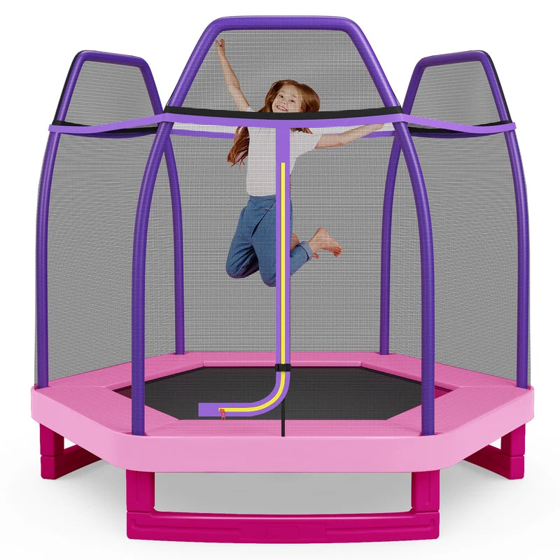 Kids Trampoline with Safety Enclosure Net for Outdoor Play-Pink