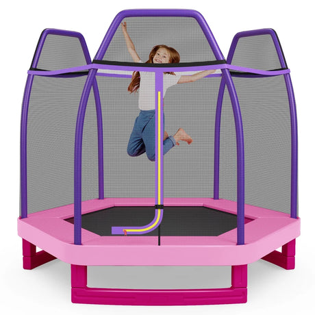 Kids Trampoline with Safety Enclosure Net for Outdoor Play-Pink