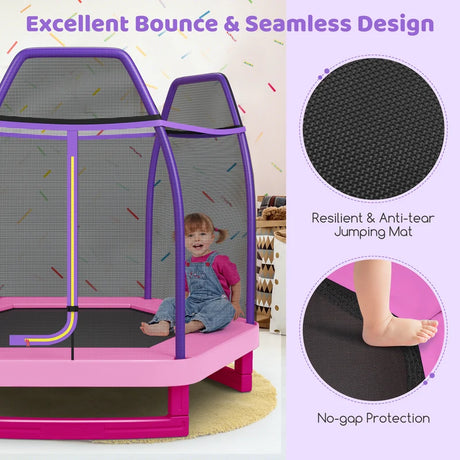 Kids Trampoline with Safety Enclosure Net for Outdoor Play-Pink