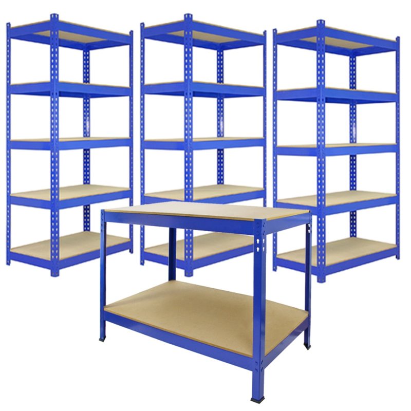 3 x 90cm Q-Rax Blue Metal Racking Units & Workbench & Mallet