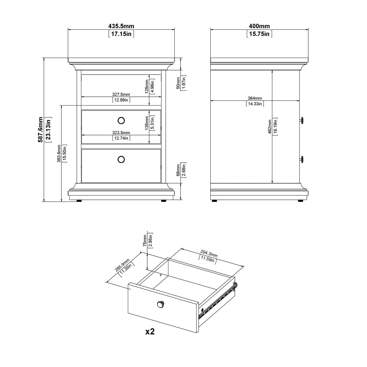 Paris Package - Bedside 2 Drawers in + Chest of 4 Drawers + Wardrobe with 2 Doors White