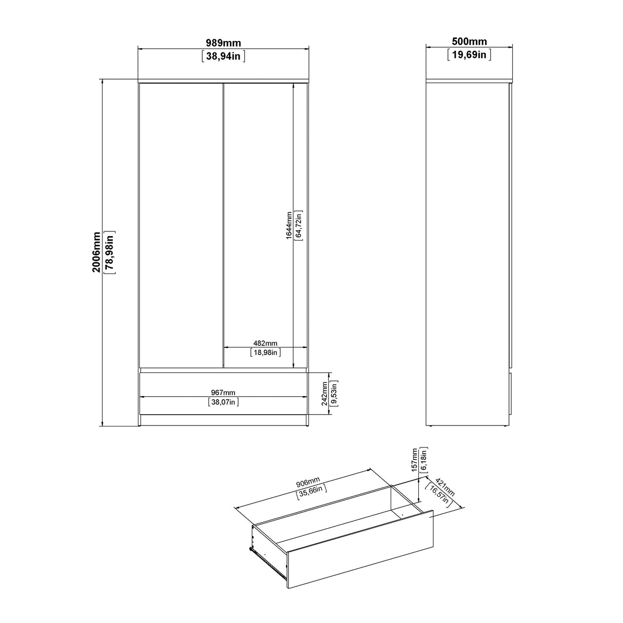 Naia Wardrobe with 2 doors + 1 drawer in White High Gloss