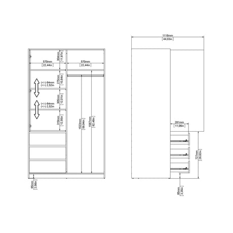 Naia Wardrobe with 1 Sliding door + 1 door + 3 drawers in Jackson Hickory Oak