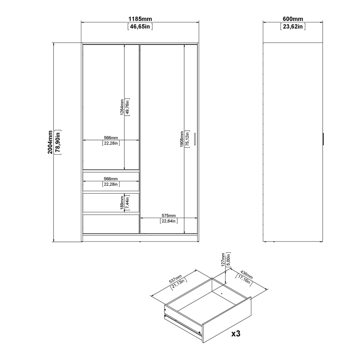 Naia Wardrobe with 1 Sliding door + 1 door + 3 drawers in Jackson Hickory Oak