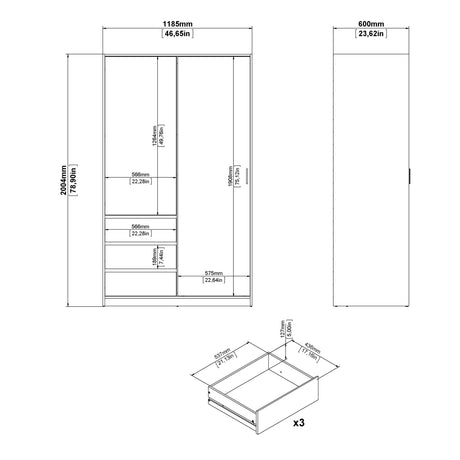 Naia Wardrobe with 1 Sliding door + 1 door + 3 drawers in Jackson Hickory Oak