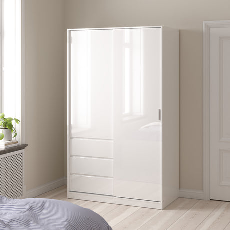 Naia Wardrobe with 1 Sliding door + 1 door + 3 drawers in White High Gloss