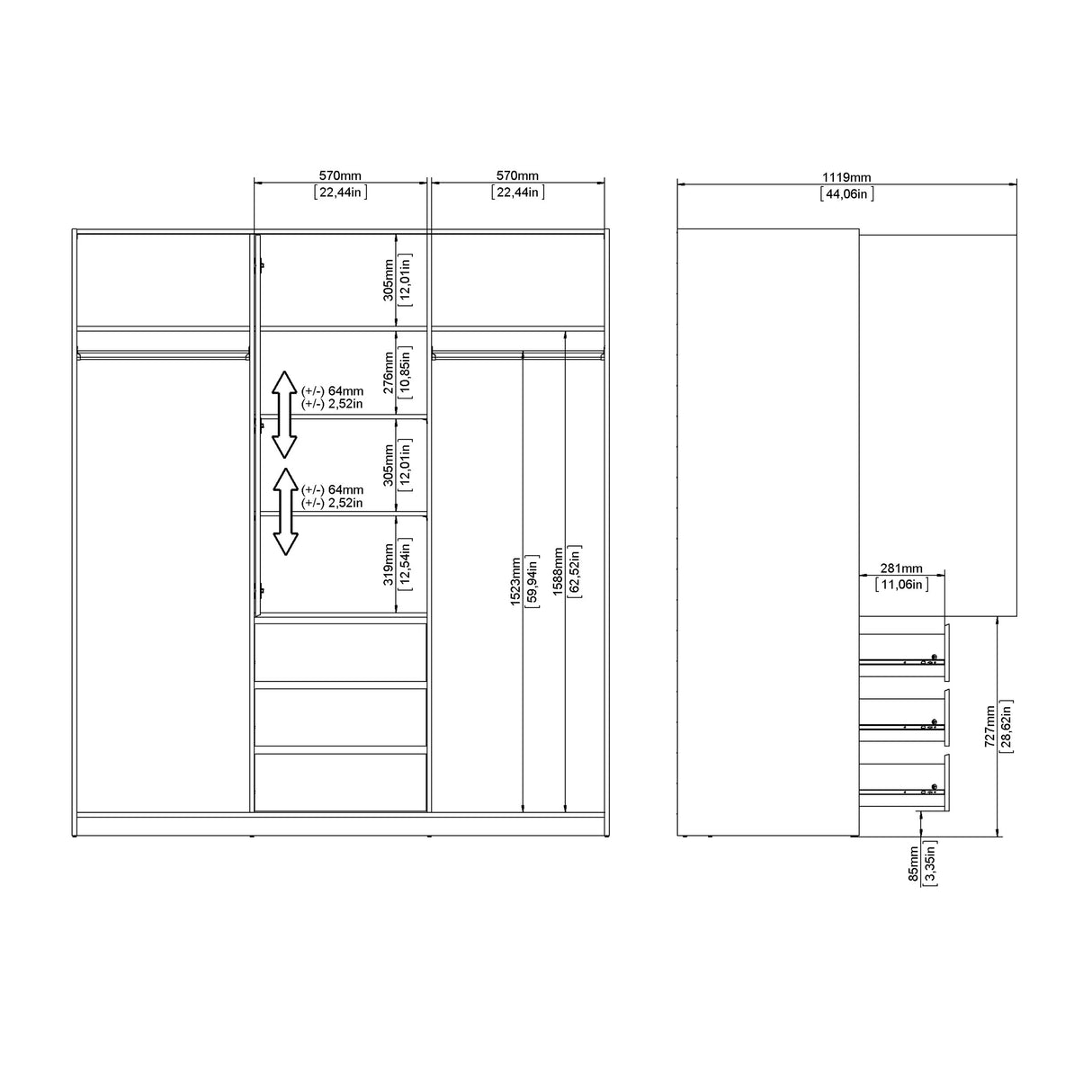 Naia Wardrobe with 2 Sliding Doors + 1 Door + 3 Drawers in White