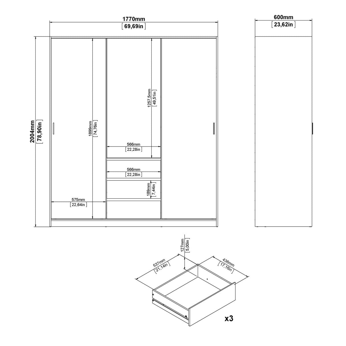 Naia Wardrobe with 2 Sliding Doors + 1 Door + 3 Drawers in White
