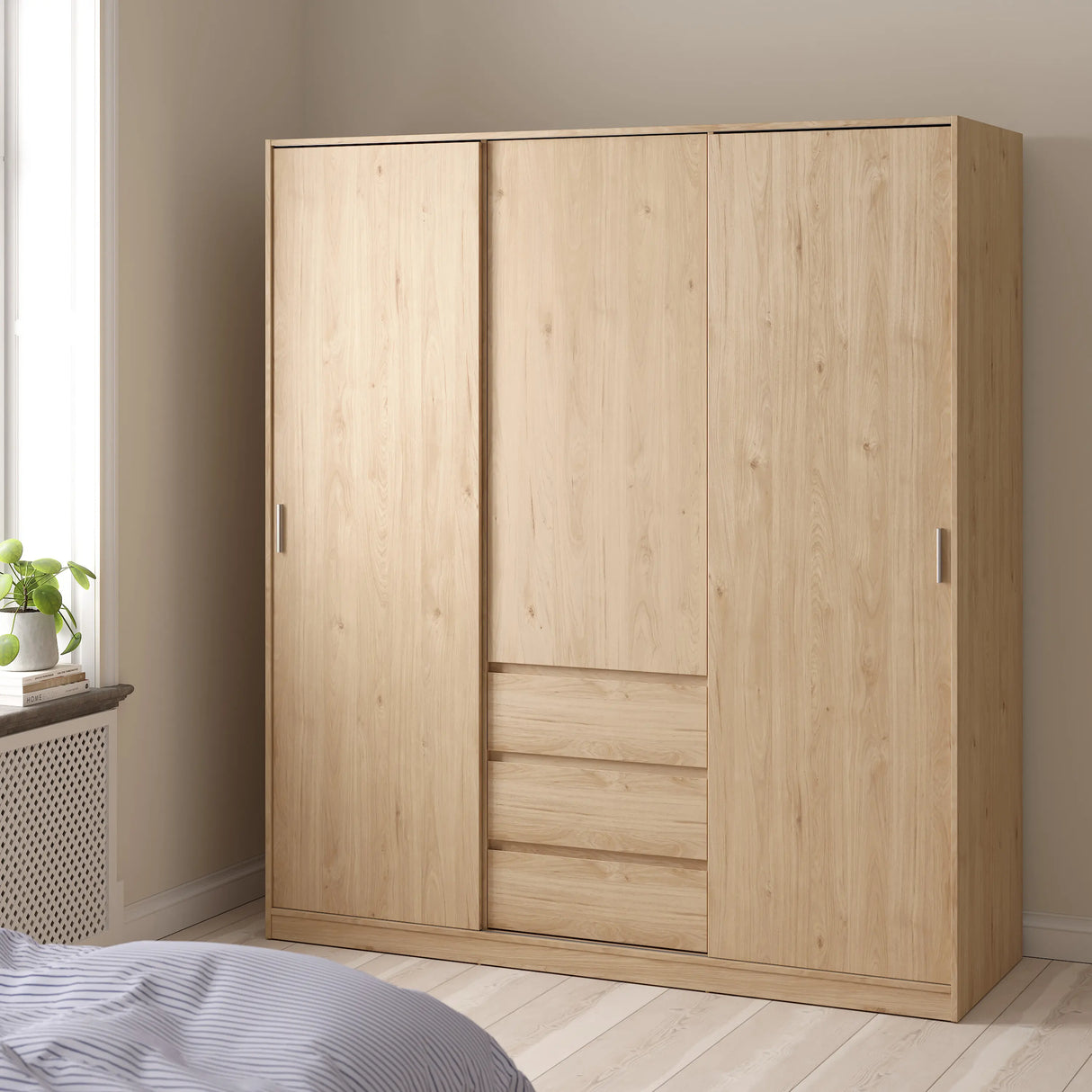 Naia Wardrobe with 2 Sliding Doors 1 Door 3 Drawers in Jackson Hickory Oak