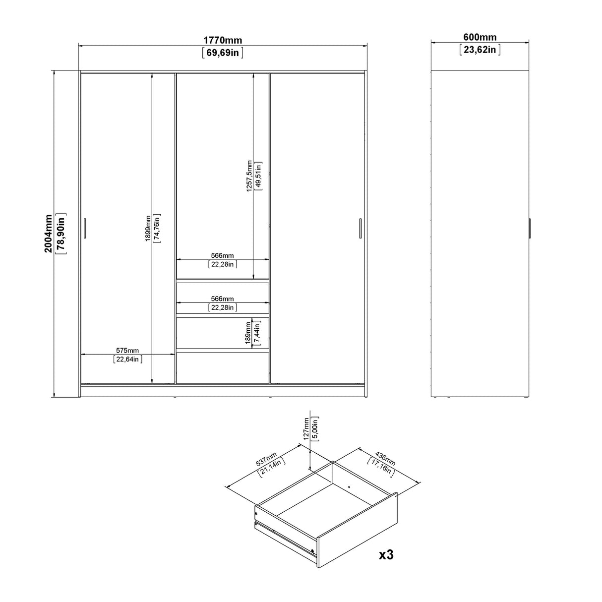 Naia Wardrobe with 2 sliding doors + 1 door + 3 drawers in Jackson Hickory Oak