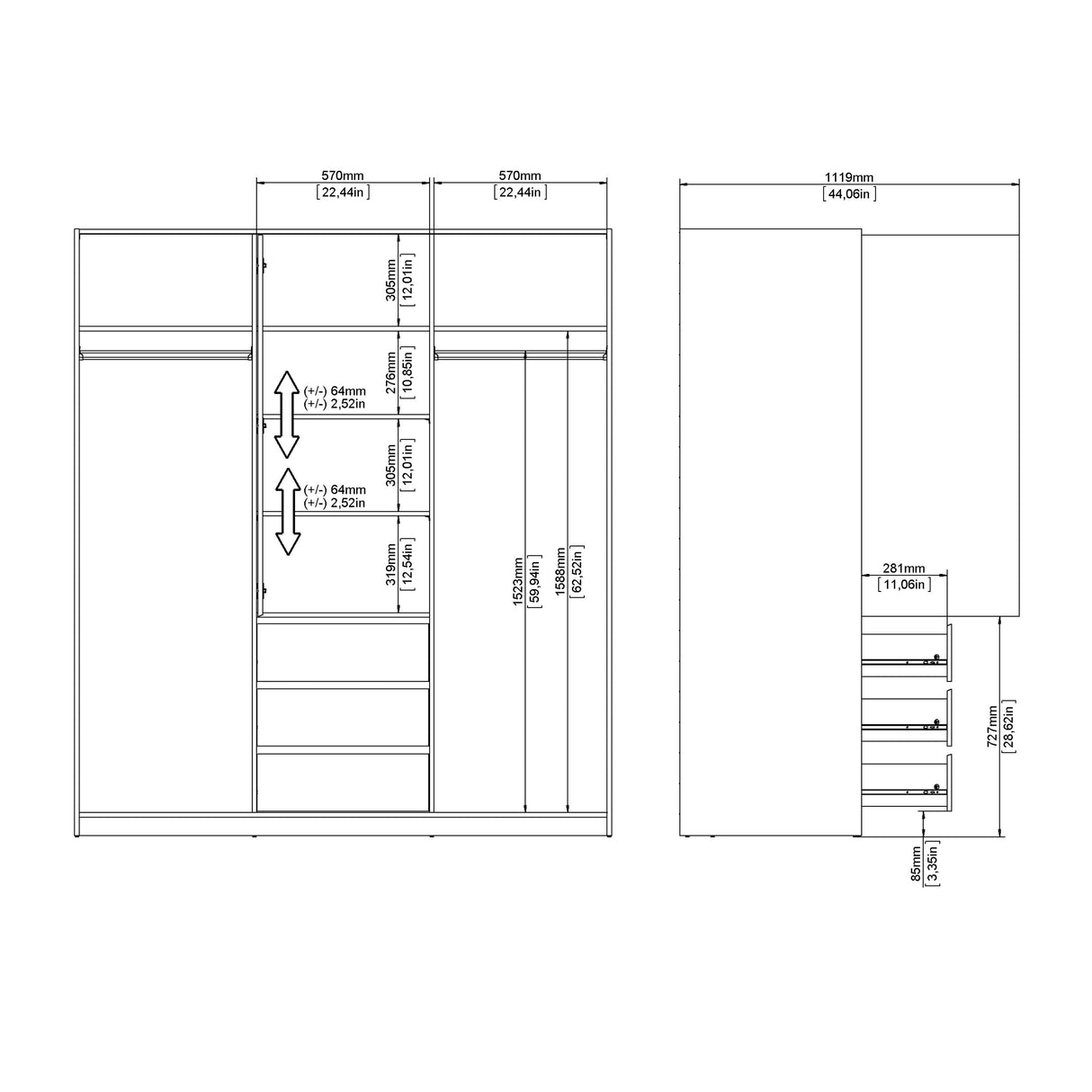 Naia Wardrobe with 2 sliding doors + 1 door + 3 drawers in Jackson Hickory Oak