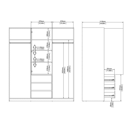 Naia Wardrobe with 2 sliding doors + 1 door + 3 drawers in Jackson Hickory Oak