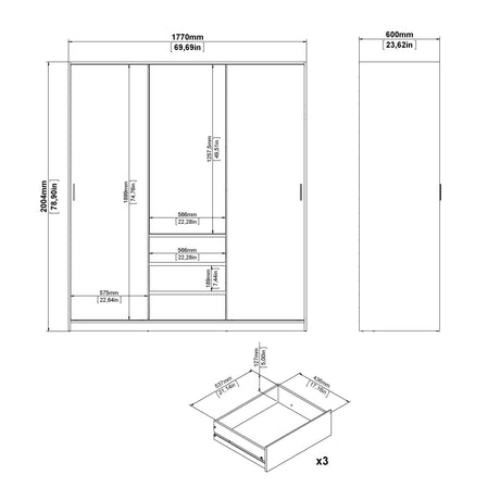Naia Wardrobe with 2 sliding doors + 1 door + 3 drawers in White High Gloss