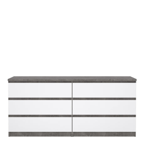 Naia Wide Chest of 6 Drawers (3+3) in Concrete and White High Gloss