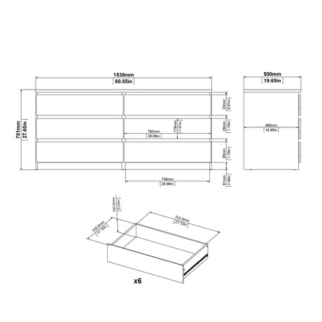 Naia Wide Chest of 6 Drawers (3+3) in White High Gloss