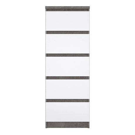 Naia Narrow Chest of 5 Drawers in Concrete and White High Gloss