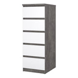 Naia Narrow Chest of 5 Drawers in Concrete and White High Gloss