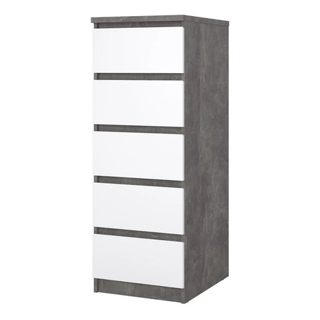 Naia Narrow Chest of 5 Drawers in Concrete and White High Gloss