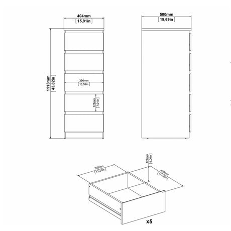 Naia Narrow Chest of 5 Drawers in Concrete and White High Gloss