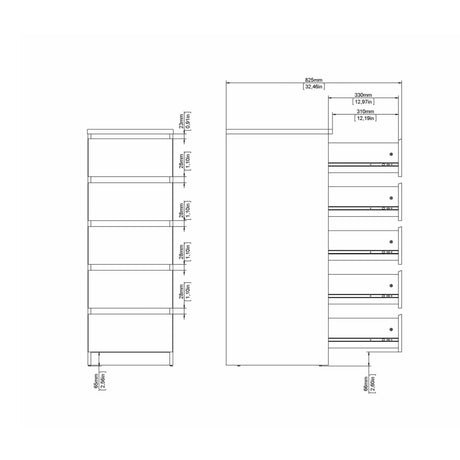 Naia Narrow Chest of 5 Drawers in Concrete and White High Gloss