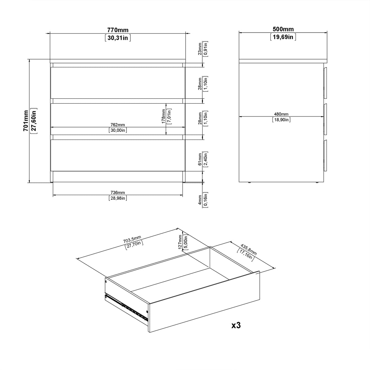 Naia Chest of 3 Drawers in White