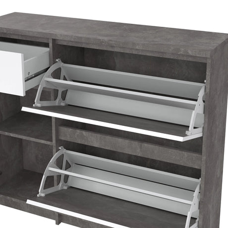 Naia Shoe Cabinet with 2 Flip Down Doors 1 Door and 1 Drawer in Concrete and White High Gloss