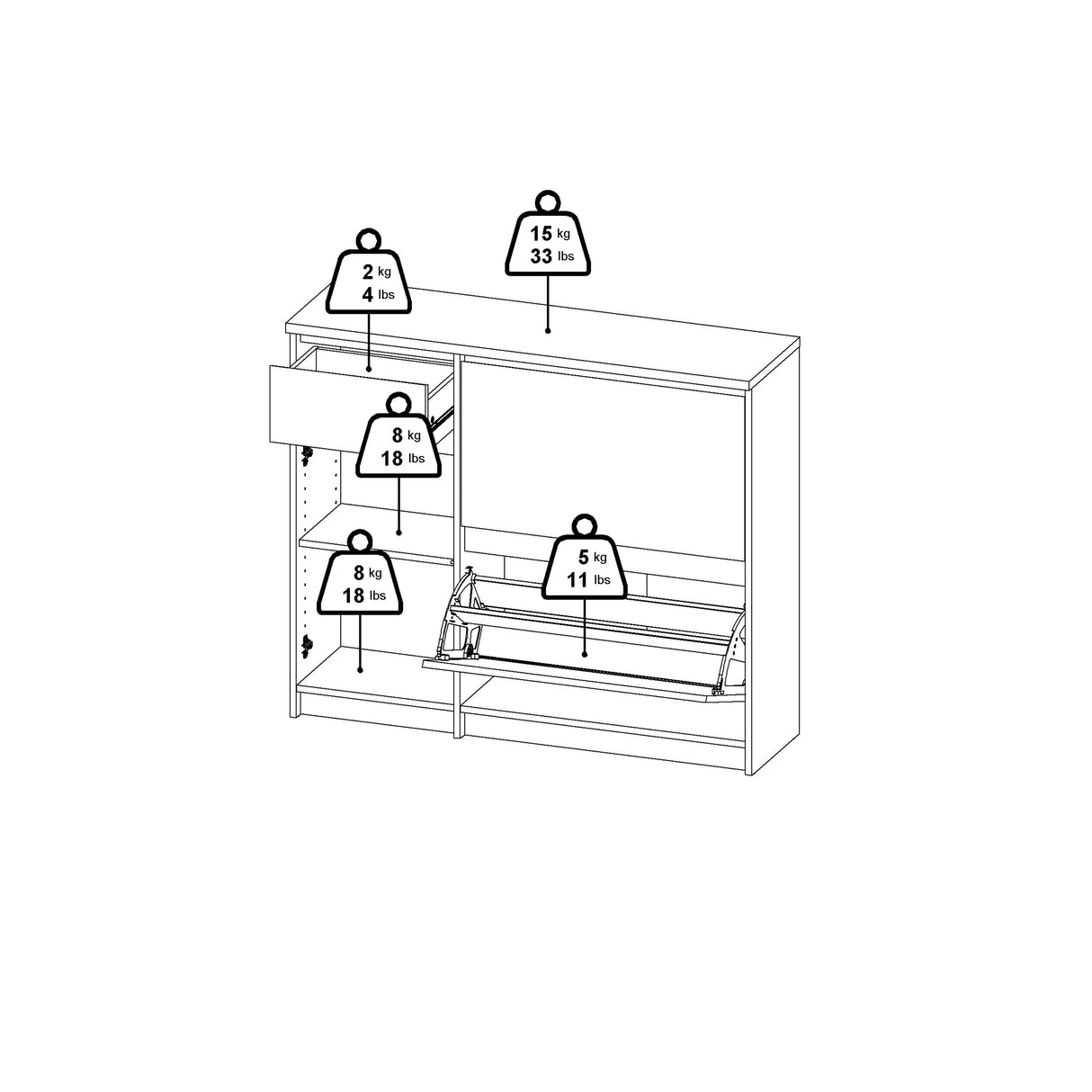 Naia Shoe Cabinet with 2 Flip Down Doors 1 Door and 1 Drawer in Concrete and White High Gloss