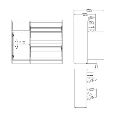 Naia Shoe Cabinet with 2 Flip Down Doors 1 Door and 1 Drawer in White High Gloss