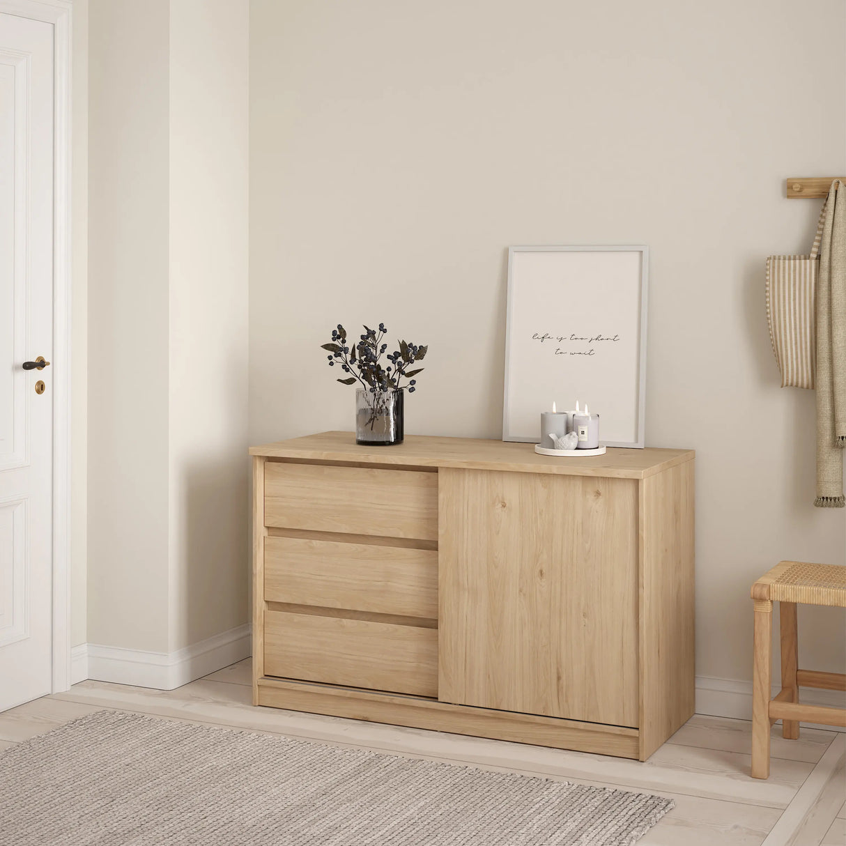 Naia Storage Unit with 1 Sliding Door and 3 Drawers in Jackson Hickory Oak