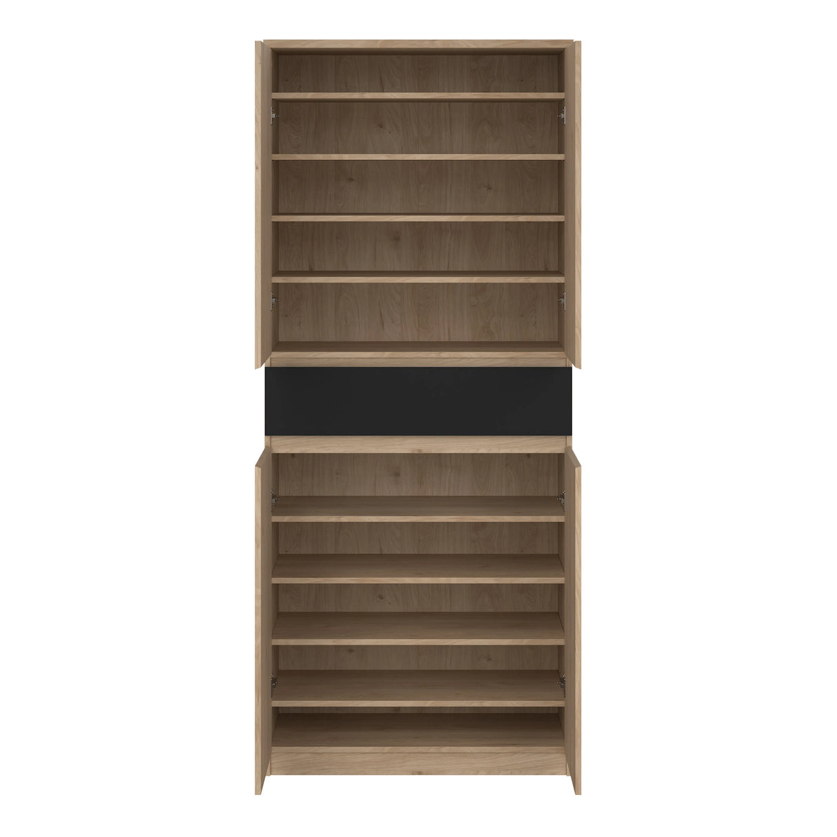 Naia Shoe Cabinet with 4 Doors 1 Drawer in Jackson Hickory Oak and Black