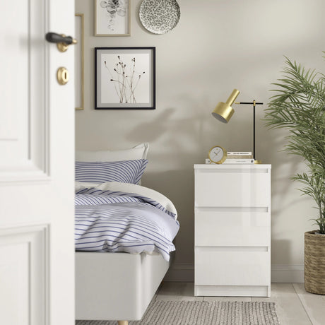 Naia Package - Bedside 3 Drawers + Chest of 5 Drawers + Wardrobe with 2 Doors + 1 Drawer in White High Gloss