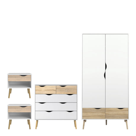 Oslo Package - 2 x Bedside 1 Drawer + Chest of 5 Drawers (2+3) + Wardrobe 2 Doors 2 Drawers in White and Oak