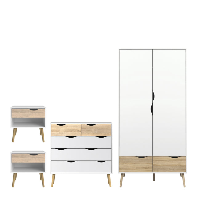 Oslo Package - 2 x Bedside 1 Drawer + Chest of 5 Drawers (2+3) + Wardrobe 2 Doors 2 Drawers in White and Oak