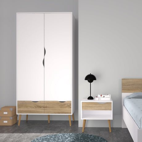 Oslo Package - 2 x Bedside 1 Drawer + Chest of 5 Drawers (2+3) + Wardrobe 2 Doors 2 Drawers in White and Oak