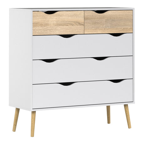 Oslo Package - 2 x Bedside 1 Drawer + Chest of 5 Drawers (2+3) + Wardrobe 2 Doors 2 Drawers in White and Oak