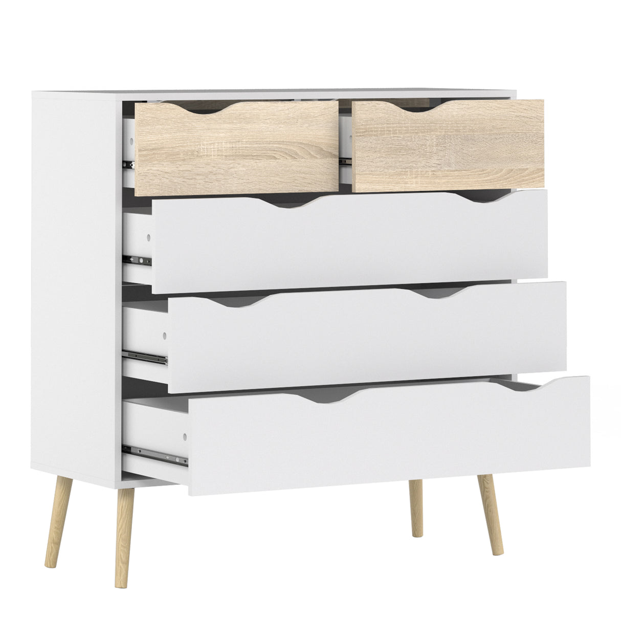 Oslo Package - 2 x Bedside 1 Drawer + Chest of 5 Drawers (2+3) + Wardrobe 2 Doors 2 Drawers in White and Oak