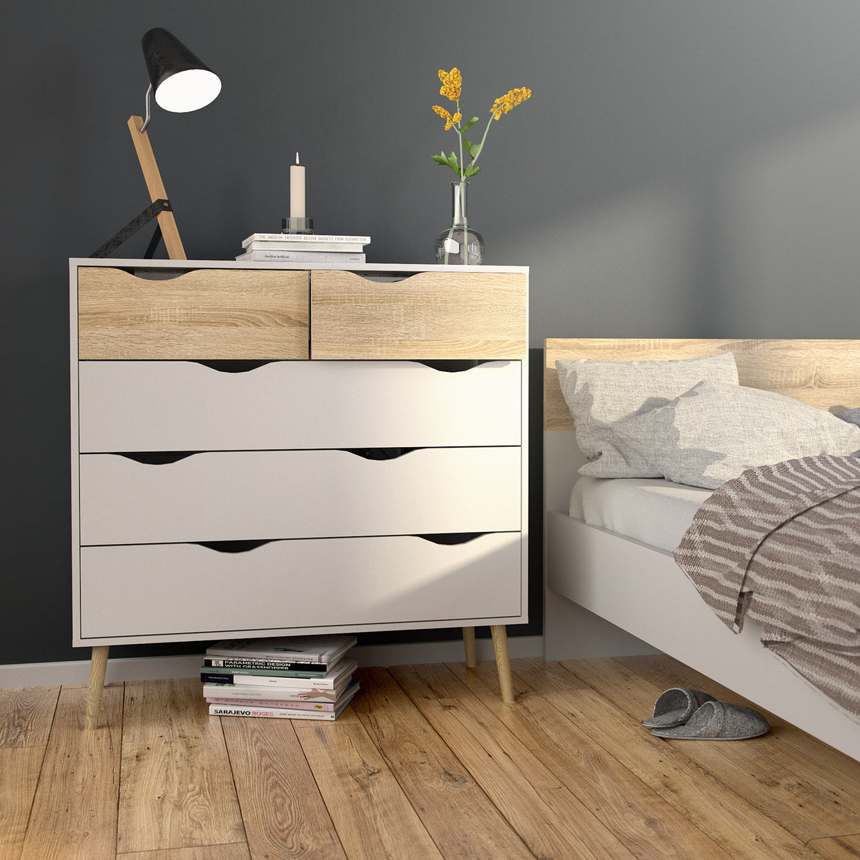 Oslo Package - 2 x Bedside 1 Drawer + Chest of 5 Drawers (2+3) + Wardrobe 2 Doors 2 Drawers in White and Oak