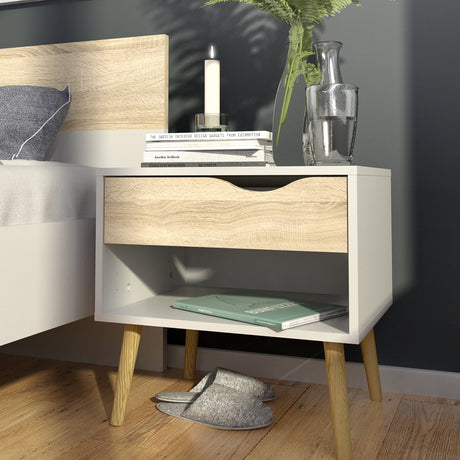 Oslo Package - 2 x Bedside 1 Drawer + Chest of 5 Drawers (2+3) + Wardrobe 2 Doors 2 Drawers in White and Oak