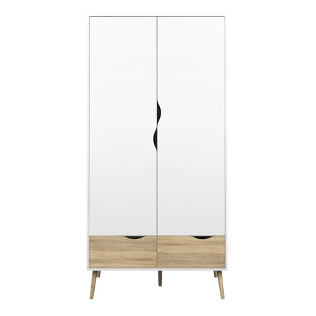 Oslo Package - 2 x Bedside 1 Drawer + Chest of 5 Drawers (2+3) + Wardrobe 2 Doors 2 Drawers in White and Oak