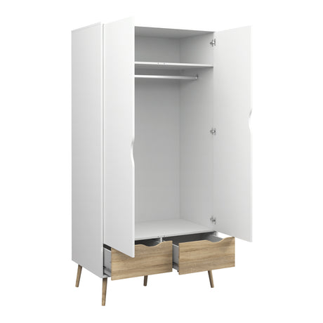 Oslo Package - 2 x Bedside 1 Drawer + Chest of 5 Drawers (2+3) + Wardrobe 2 Doors 2 Drawers in White and Oak
