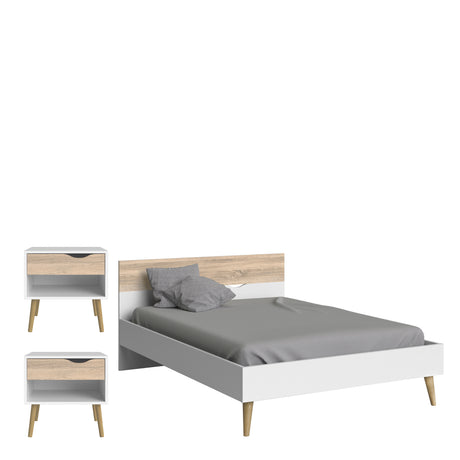 Oslo Package - 2 x Bedside 1 Drawer + Double Bed (140 x 200) in White and Oak