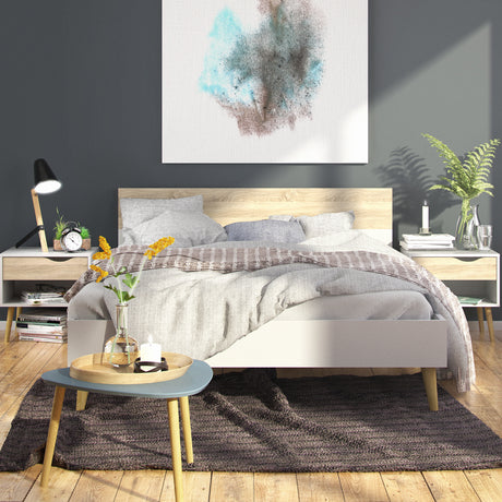 Oslo Package - 2 x Bedside 1 Drawer + Double Bed (140 x 200) in White and Oak
