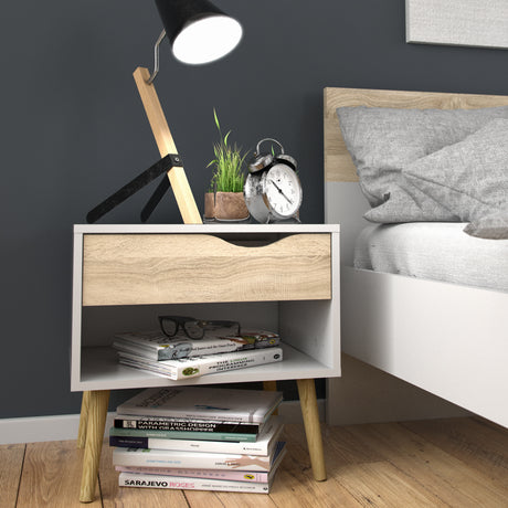 Oslo Package - 2 x Bedside 1 Drawer + Double Bed (140 x 200) in White and Oak