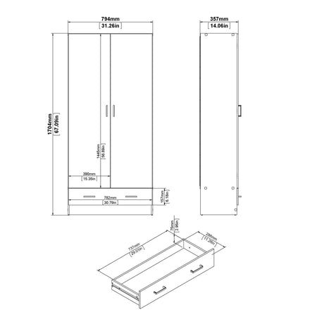 Space Wardrobe with 2 Doors + 1 Drawer in White 1750