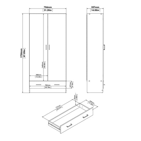 Space Wardrobe with 2 doors + 1 drawer in Oak 1700