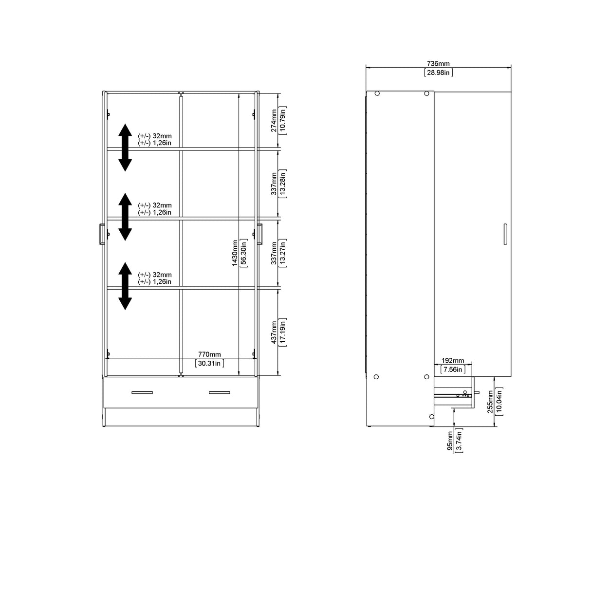 Space Wardrobe with 2 doors + 1 drawer in Oak 1700