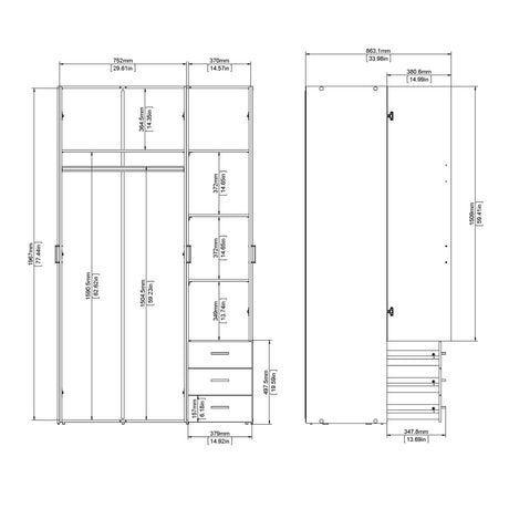 Space Wardrobe - 3 Doors 3 Drawers in White 2000