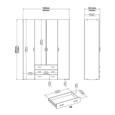 Space Wardrobe - 4 Doors 3 Drawers in White 2000